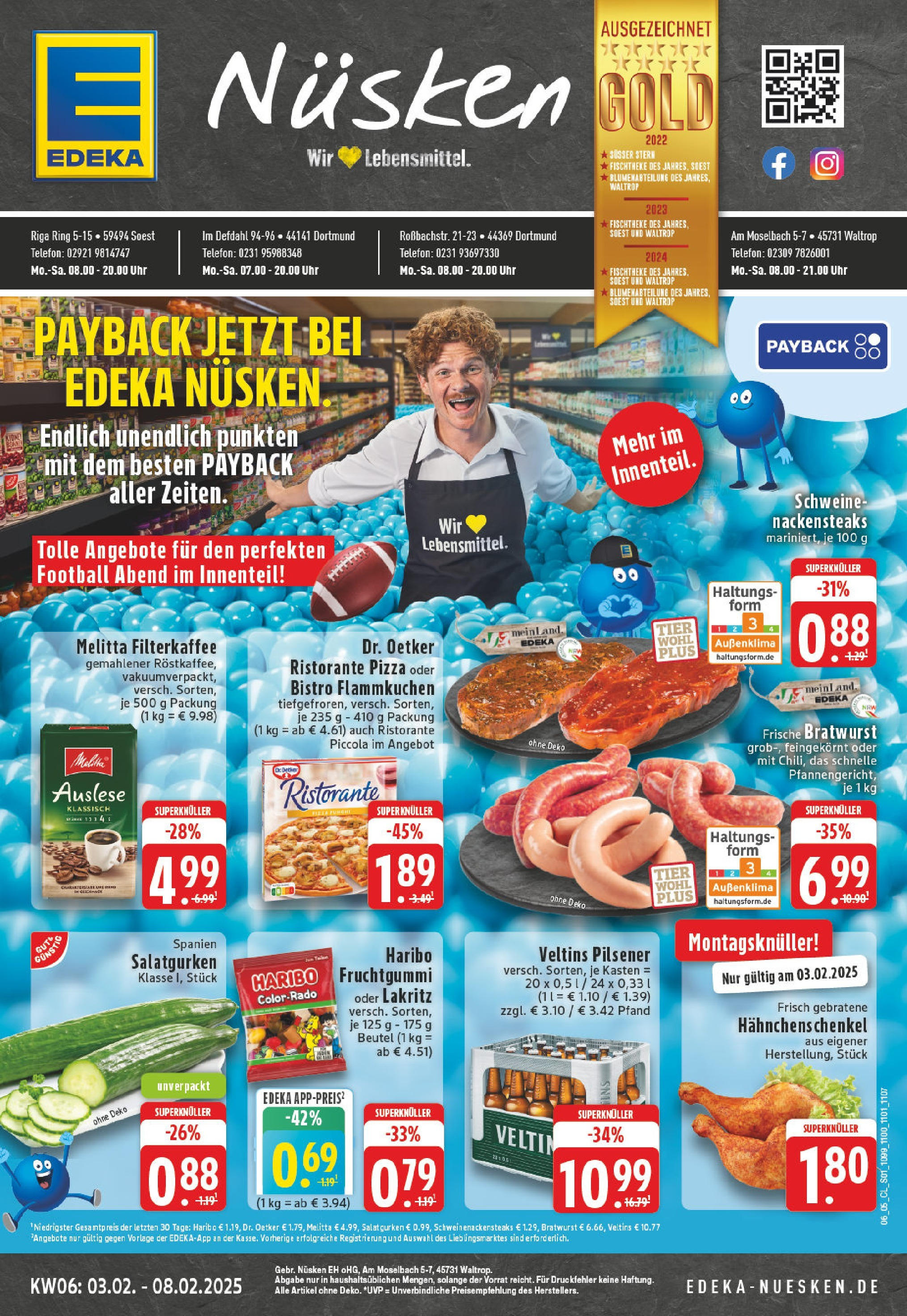 Edeka - Soest, Riga-Ring 5 (ab 03.02.2025) » Angebote Online | Seite: 1 | Produkte: Nackensteaks, Pizza, Telefon, Uhr