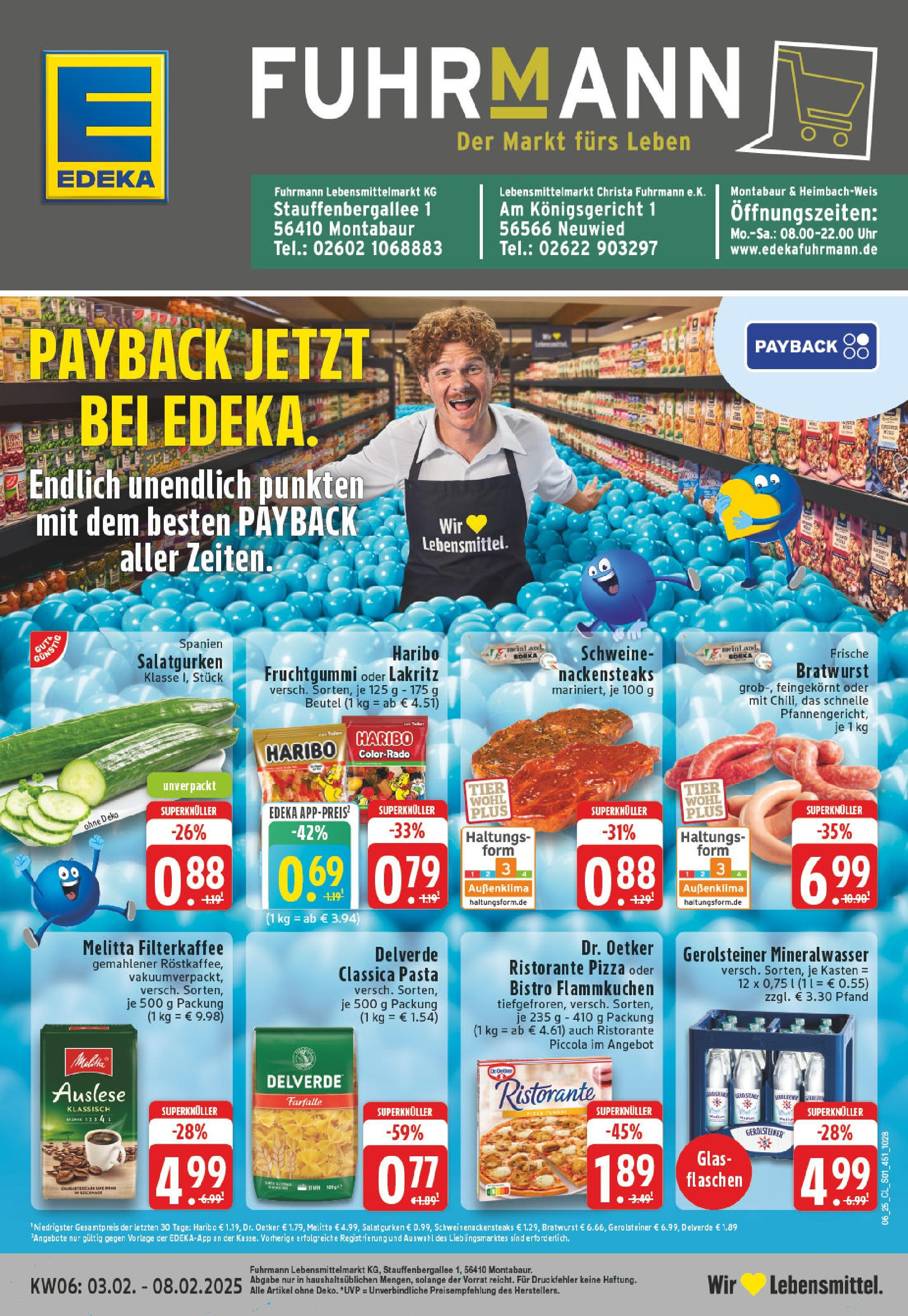 Edeka - Montabaur, Stauffenbergallee 1 (ab 03.02.2025) » Angebote Online | Seite: 1 | Produkte: Nackensteaks, Melitta, Haribo, Pasta