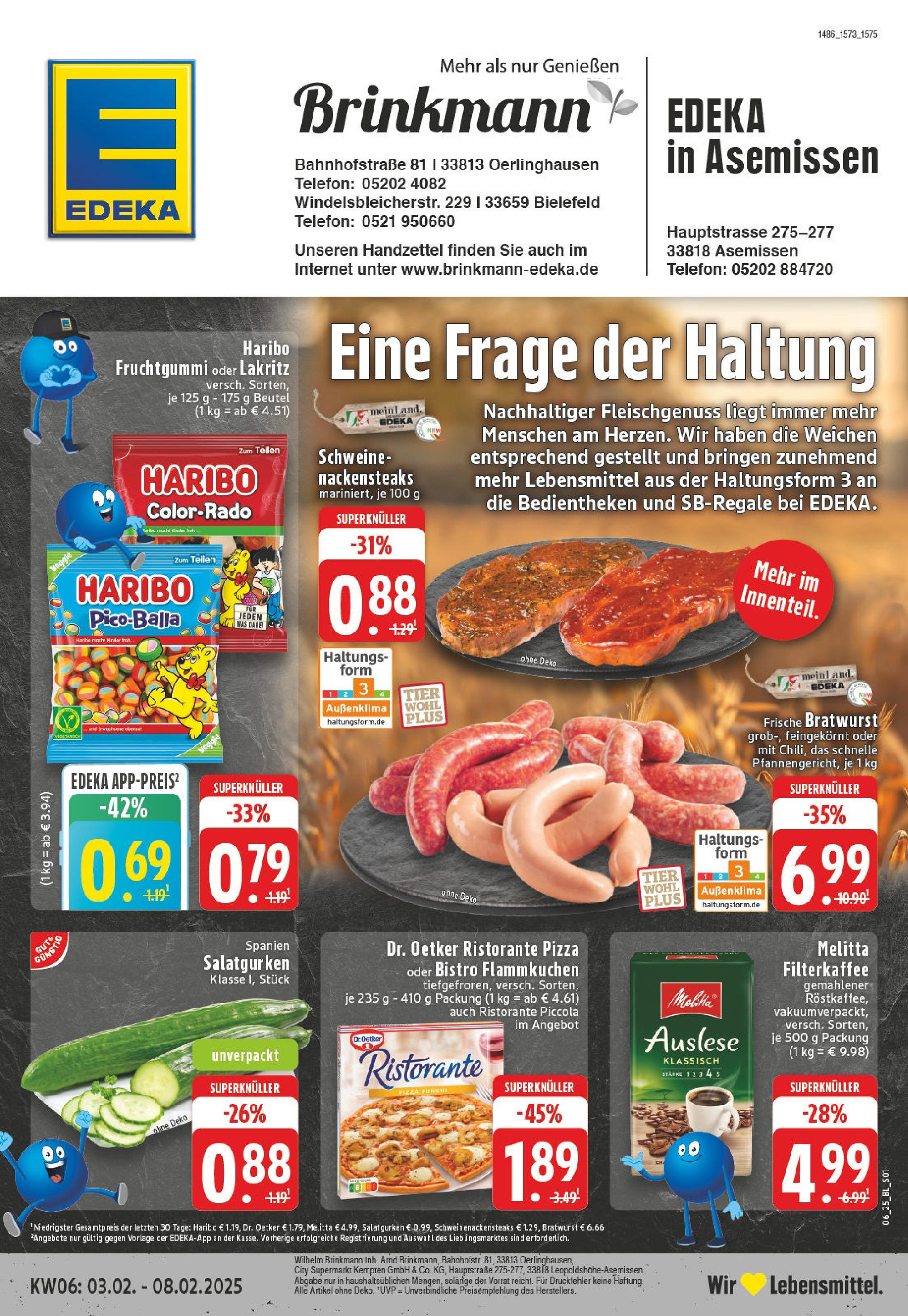 Edeka - Oerlinghausen-Helpup, Bahnhofstraße 8 (ab 03.02.2025) » Angebote Online | Seite: 1 | Produkte: Nackensteaks, Pizza, Gurken, Telefon