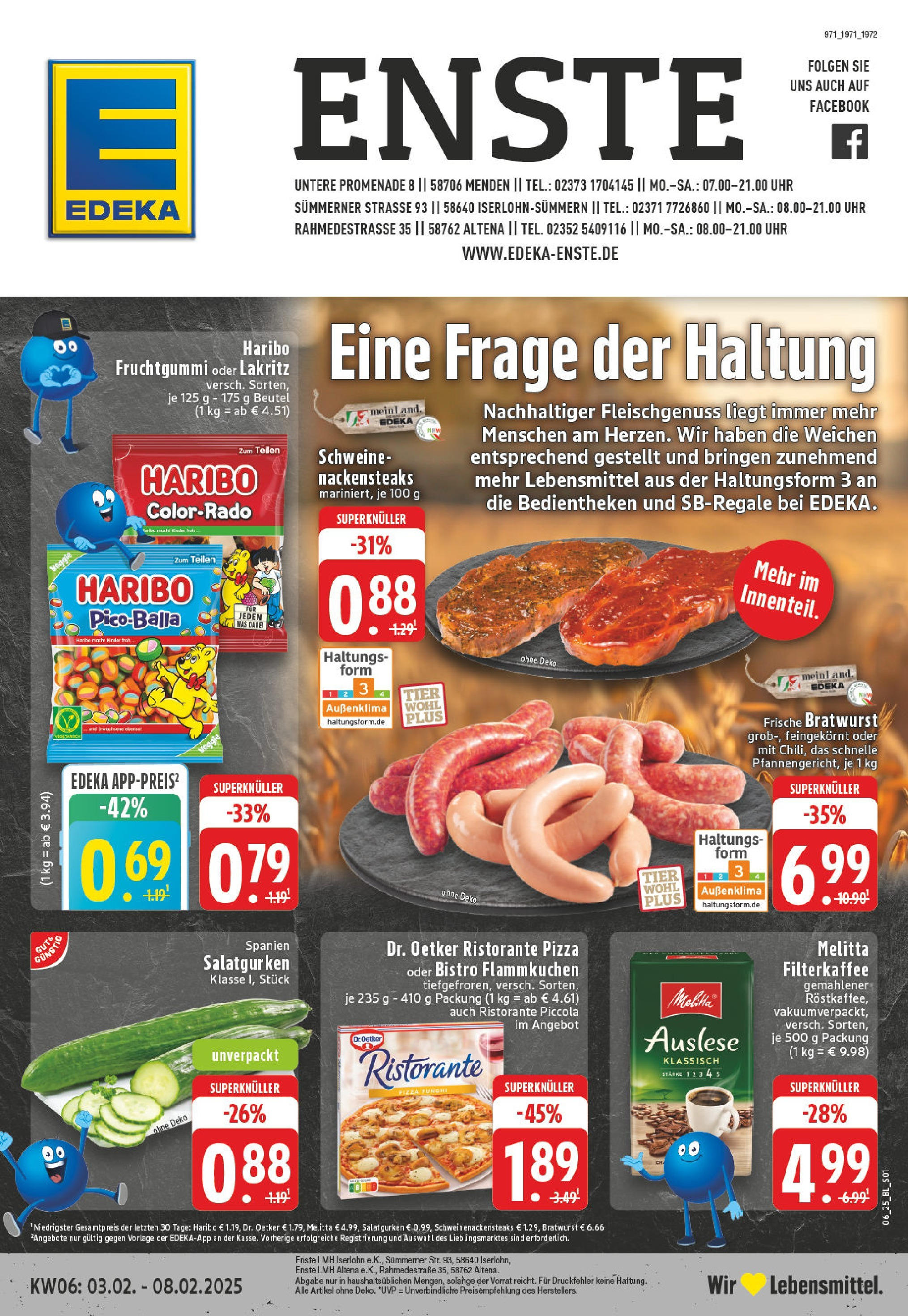 Edeka - Altena, Rahmedestraße 3 (ab 03.02.2025) » Angebote Online | Seite: 1 | Produkte: Nackensteaks, Haribo, Pizza, Uhr