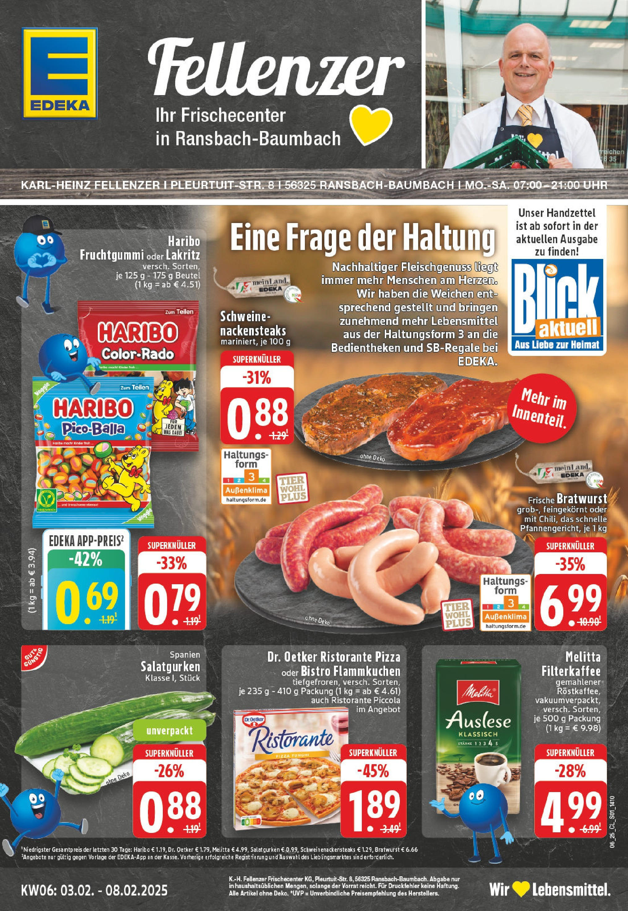 Edeka - Ransbach-Baumbach, Pleurtuit Straße 8 (ab 03.02.2025) » Angebote Online | Seite: 1 | Produkte: Melitta, Gurken, Salat, Uhr