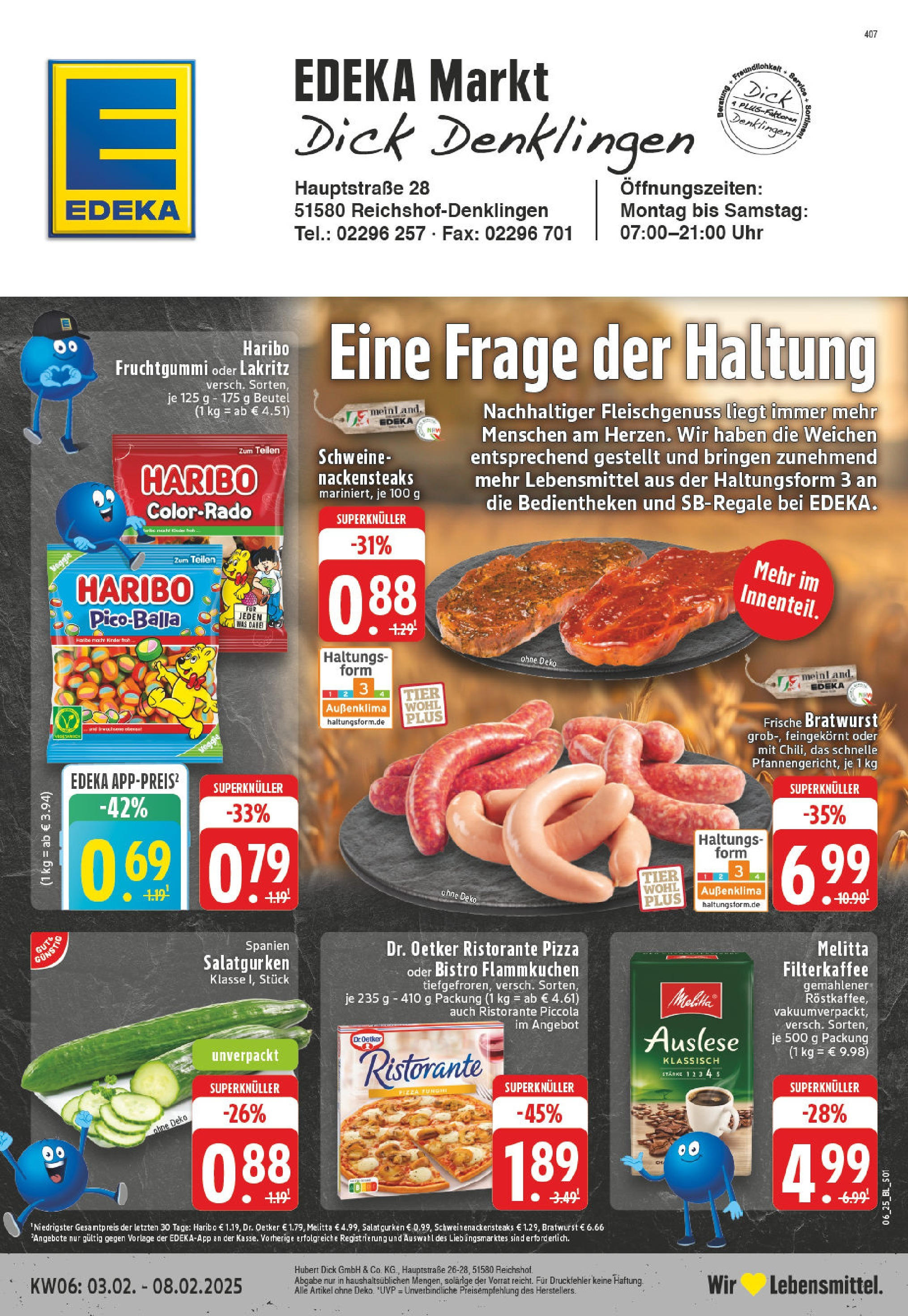 Edeka - Reichshof - Denklingen, Hauptstraße 2 (ab 03.02.2025) » Angebote Online | Seite: 1 | Produkte: Ristorante, Nackensteaks, Haribo, Uhr