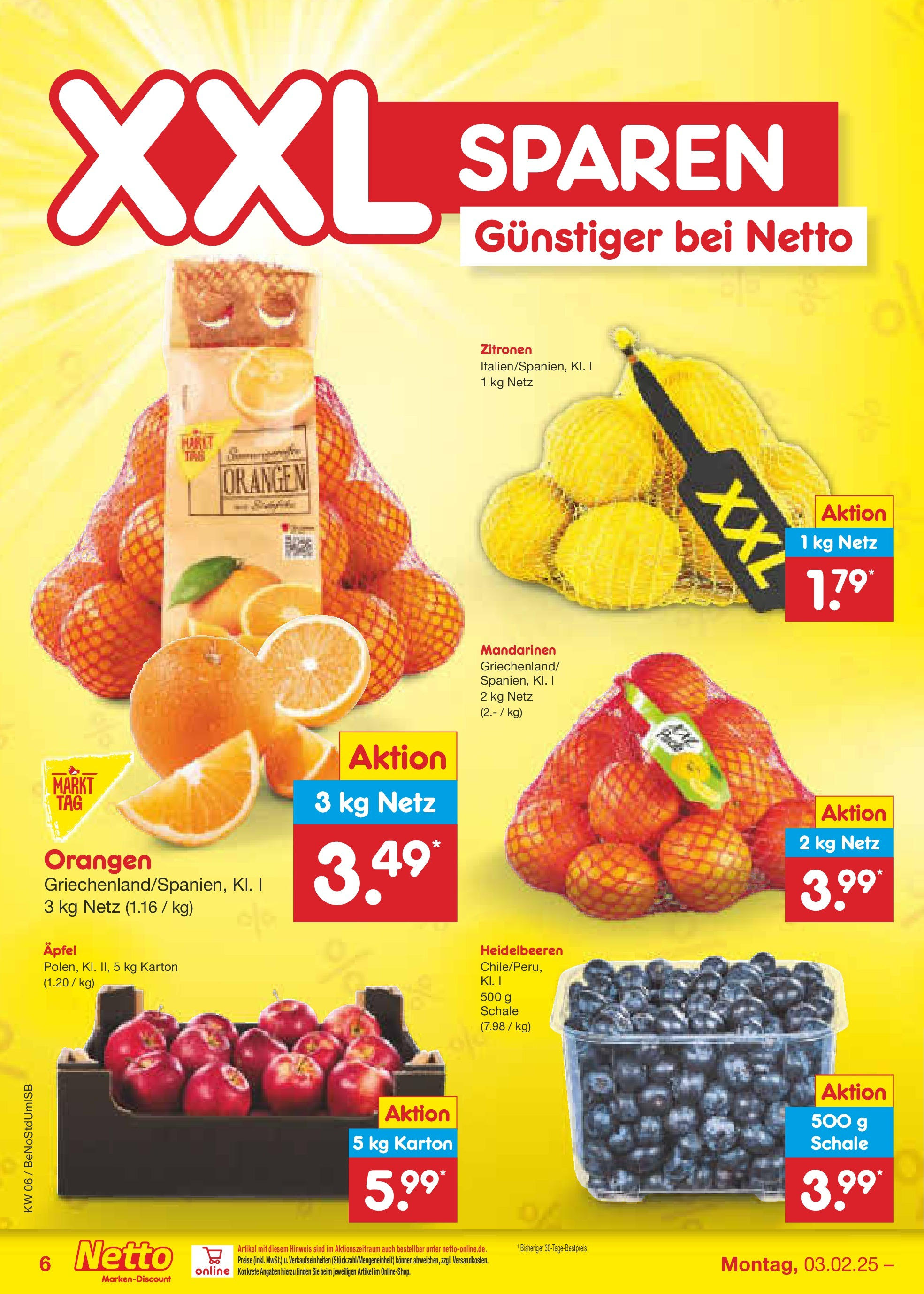 Netto Marken-Discount - Berlin, Corinthstraße 32 (ab 03.02.2025) » Angebote | Seite: 6 | Produkte: Äpfel, Orangen, Heidelbeeren, Zitronen