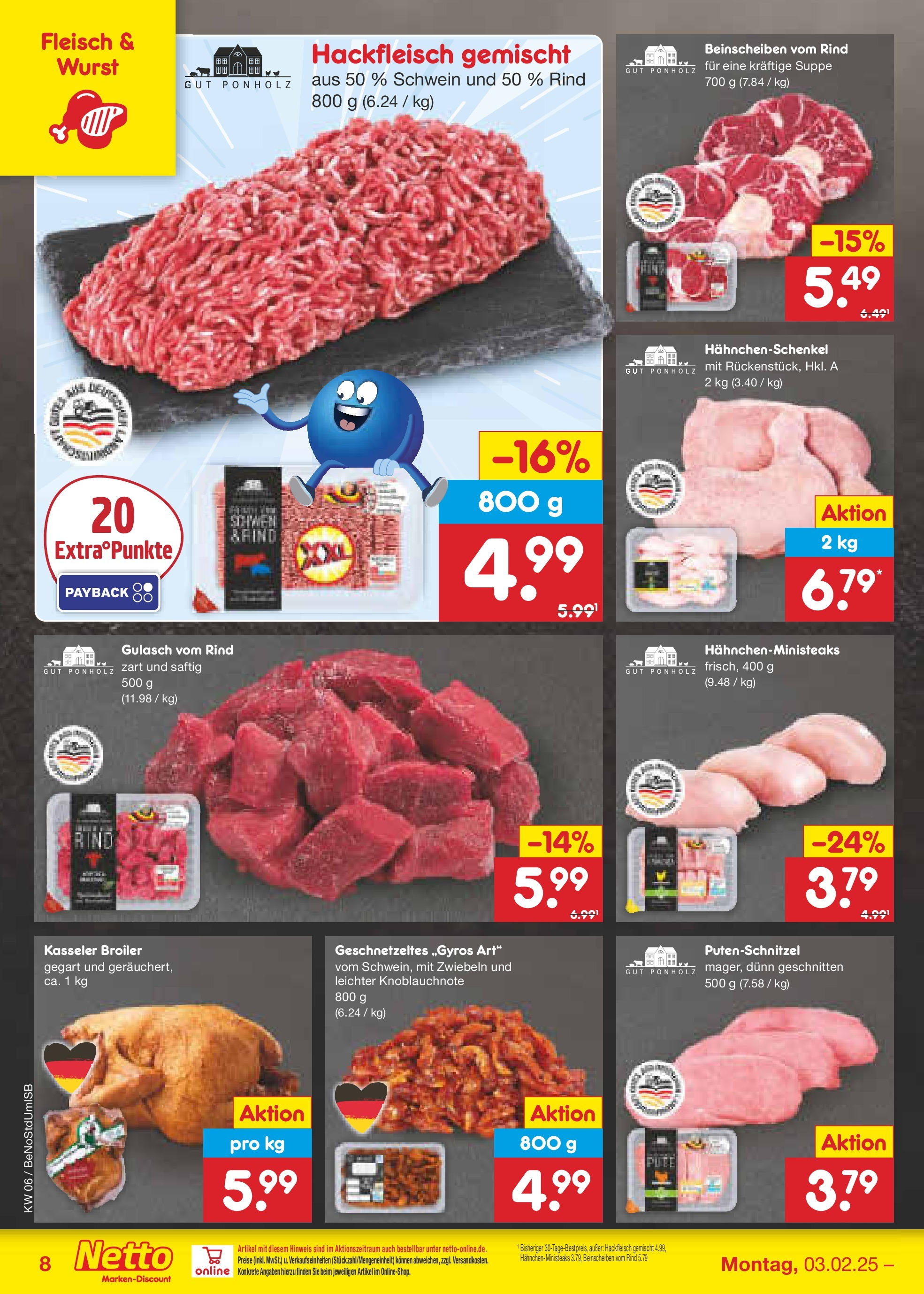 Netto Marken-Discount - Berlin, Corinthstraße 32 (ab 03.02.2025) » Angebote | Seite: 8 | Produkte: Hahnchenschenkel, Wurst, Fleisch, Hackfleisch