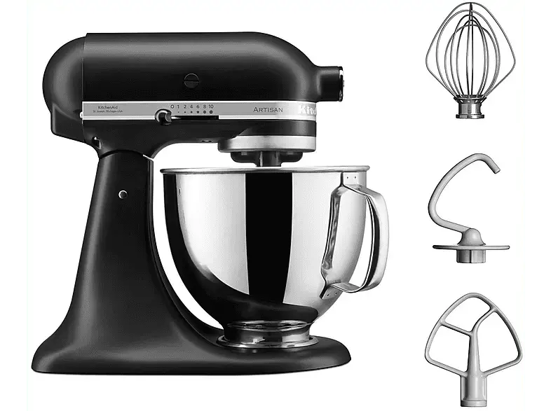 Kitchen Aid 5KSM125EBM Artisan Küchenmaschine mit kippbarem Motorkopf Matte Black (Rührschüsselkapazität: 4,8 l, 300 Watt)
