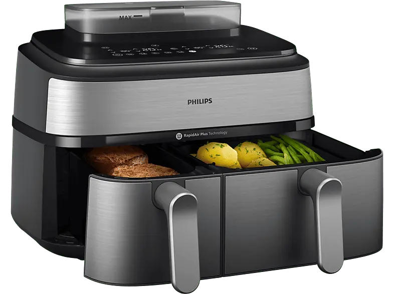 Philips NA555/00 Steam Airfryer 5000 Series Dual Basket Doppel Heißluftfritteuse (9 l, 2750 Watt, Silber/Edelstahl)