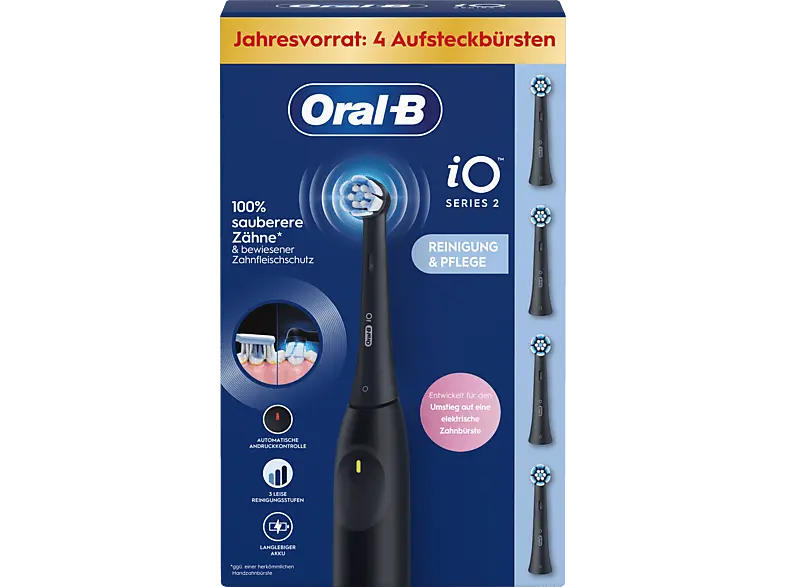 Oral-B iO Series 2, Starterpack Elektrische Zahnbürste + 4 Aufsteckbürsten Night Black