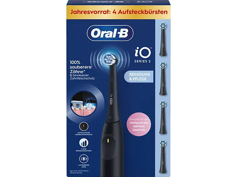 Oral-B iO Series 2, Starterpack Elektrische Zahnbürste + 4 Aufsteckbürsten Night Black
