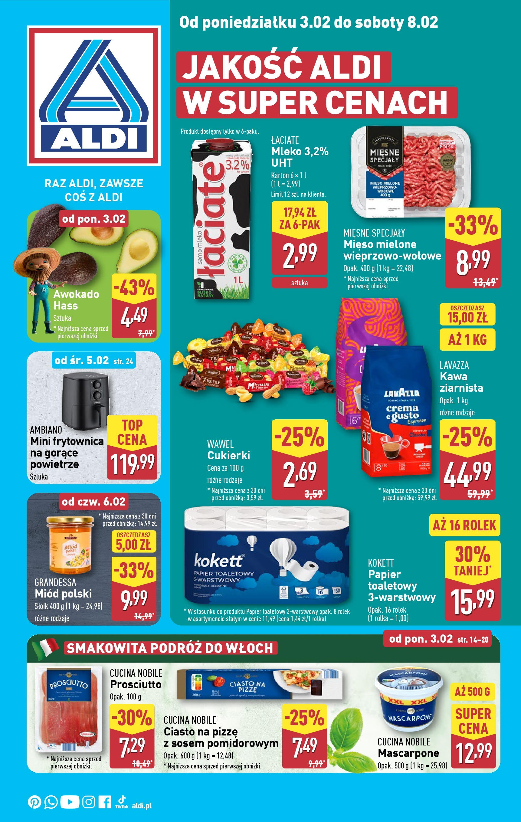 Aldi Gazetka od 01.02.2025 - Ulotka PDF, promocje | Strona: 1 | Produkty: Mleko, Ciasto na pizze, Kawa, Awokado