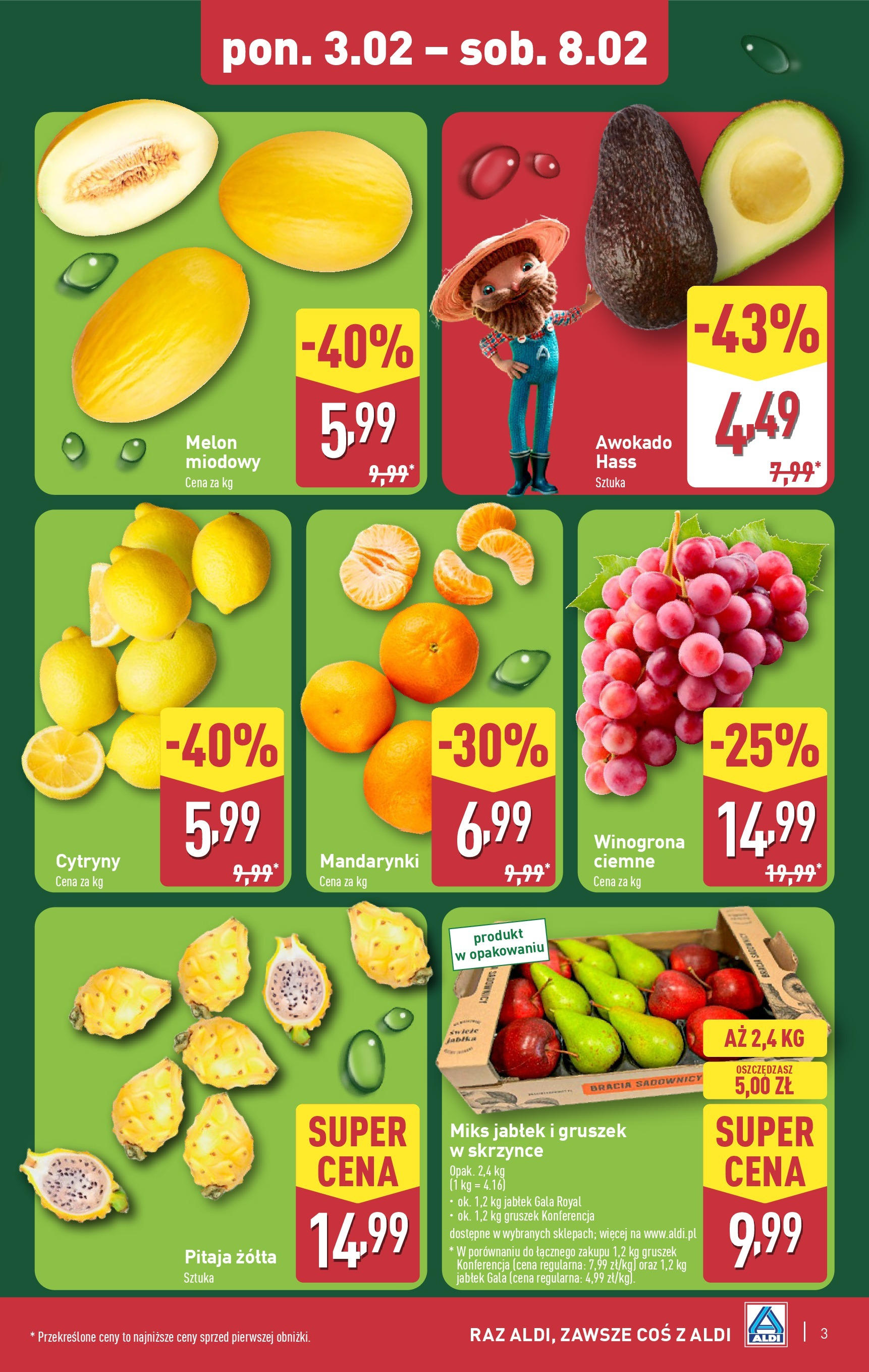 Aldi Gazetka od 01.02.2025 - Ulotka PDF, promocje | Strona: 3 | Produkty: Winogrona, Melon, Mandarynki, Awokado