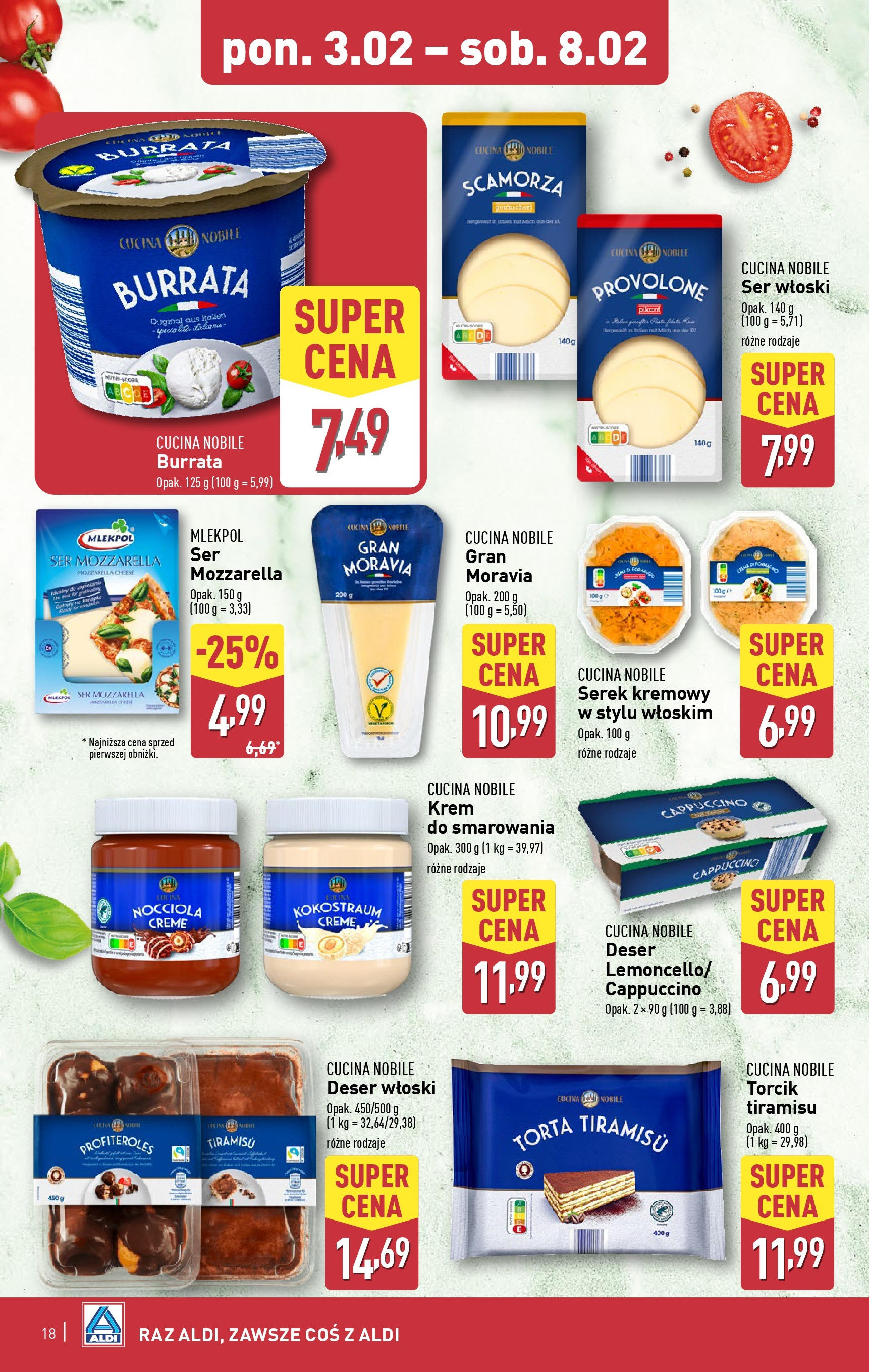 Aldi Gazetka od 01.02.2025 - Ulotka PDF, promocje | Strona: 18 | Produkty: Serek, Cappuccino, Profiteroles, Mozzarella