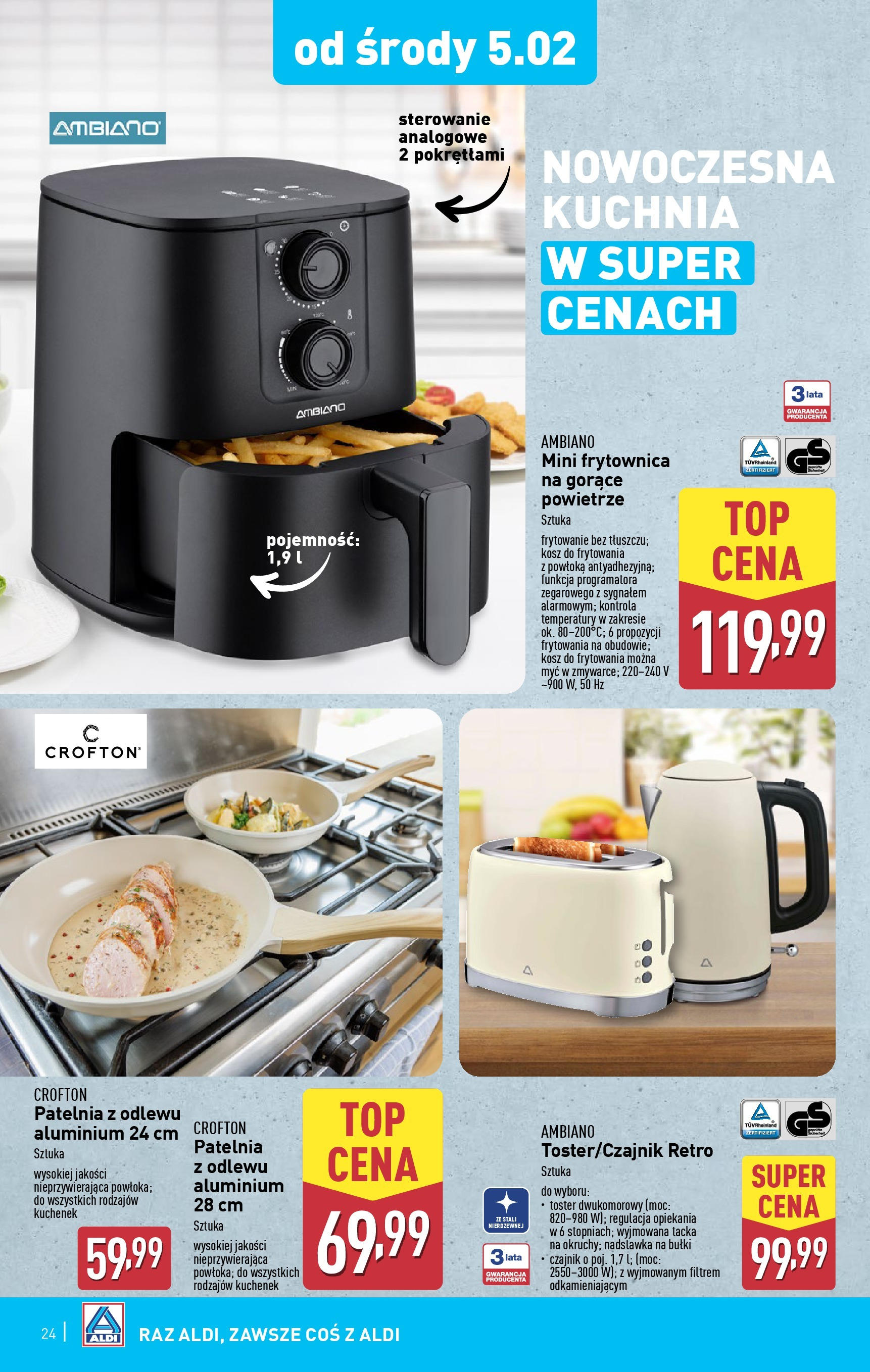 Aldi Gazetka od 01.02.2025 - Ulotka PDF, promocje | Strona: 24 | Produkty: Czajnik, Toster, Kosz, Patelnia