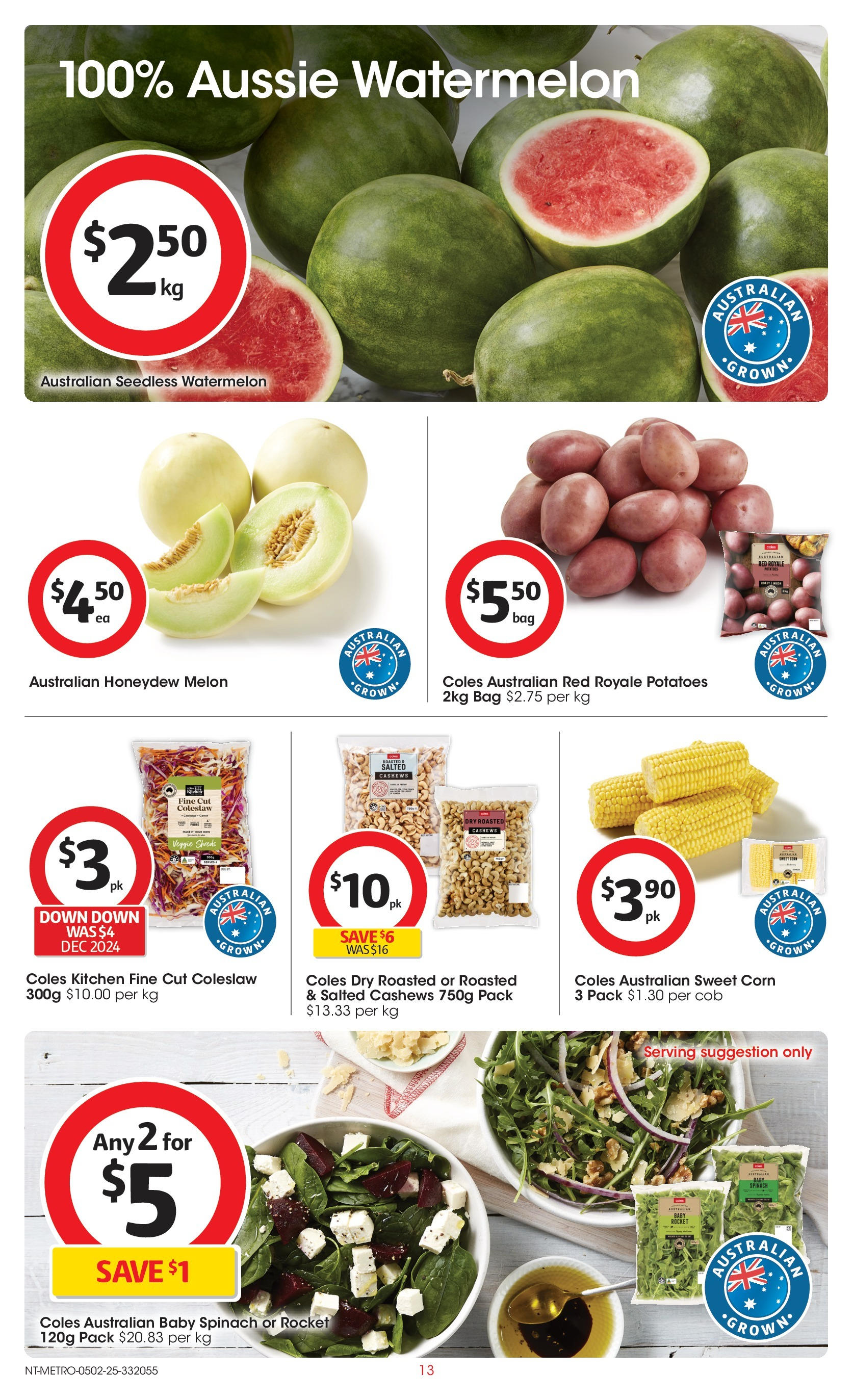 ﻿﻿Coles catalogue valid from 04/02/2025 > Online Australia | Page: 13 | Products: Melon, Spinach, Watermelon, Bag