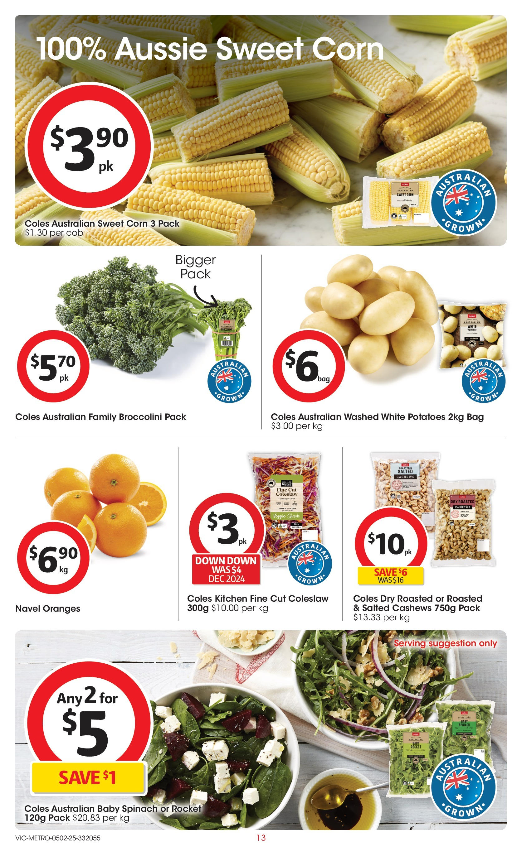 ﻿﻿Coles catalogue valid from 04/02/2025 > Online Australia | Page: 13 | Products: Oranges, Potatoes, Spinach, Bag