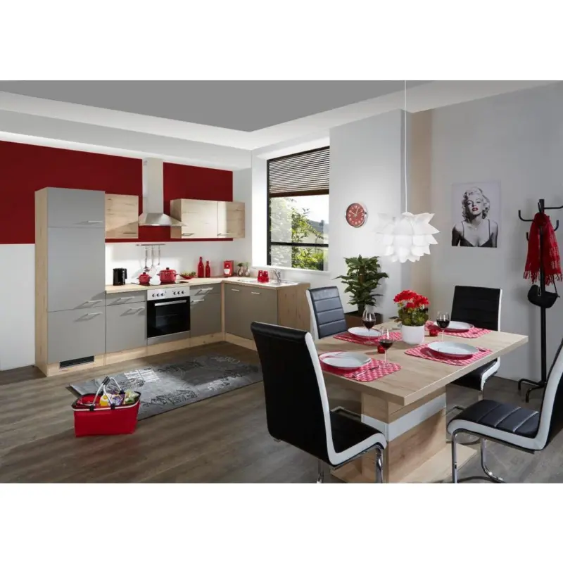 Einbauküche Eckküche Möbelix Riva mit Geräten 280x170 cm Champagner/Eiche