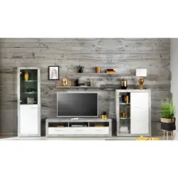 Wohnkombination 5 -teilig. Mit Led Malta 7, Betonoptik/weiß