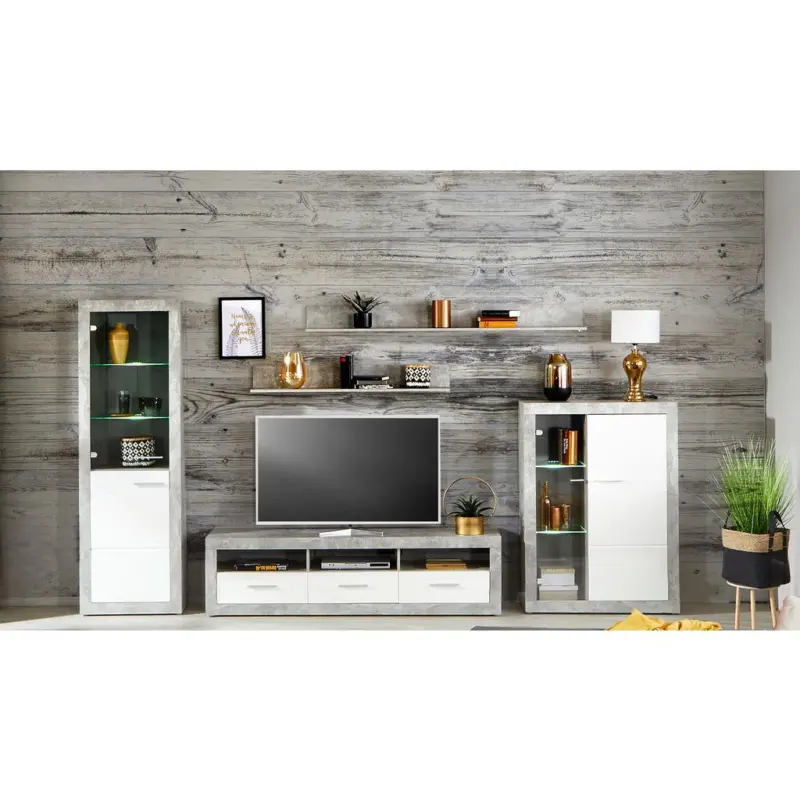 Wohnkombination 5 -teilig. Mit Led Malta 7, Betonoptik/weiß