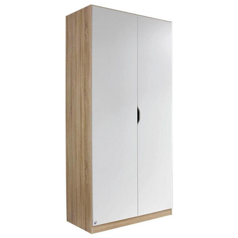 Drehtürenschrank Grifflos 91cm Freising, Weiß/ Eiche Dekor