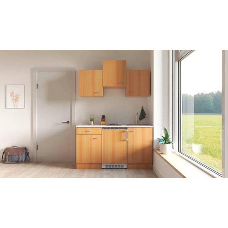 Miniküche mit Kühlschrank + Kochfeld 150 cm Creme/Buche