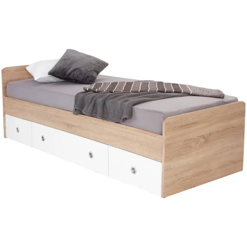 Stauraumbett Mit 3 Laden 90x200 Wiki, Eiche/weiß Dekor