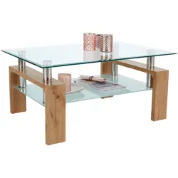 Couchtisch mit Glasplatte und Ablagefach Silvia, Eiche Dekor