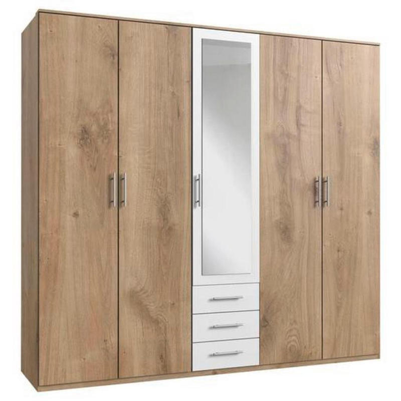 Drehtürenschrank Mit Spiegel + Laden 225cm Ben, Eiche/Weiß