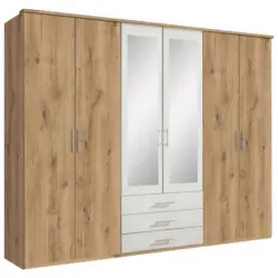 Dreht&uuml;renschrank Mit Spiegel + Laden 270cm Ben, Eiche/wei&szlig;