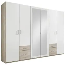 Drehtürenschrank Mit Spiegel + Laden 270cm Fly, Weiß/eiche