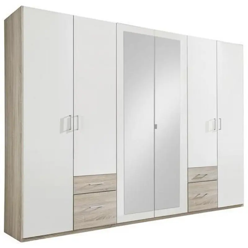 Drehtürenschrank Mit Spiegel + Laden 270cm Fly, Weiß/eiche