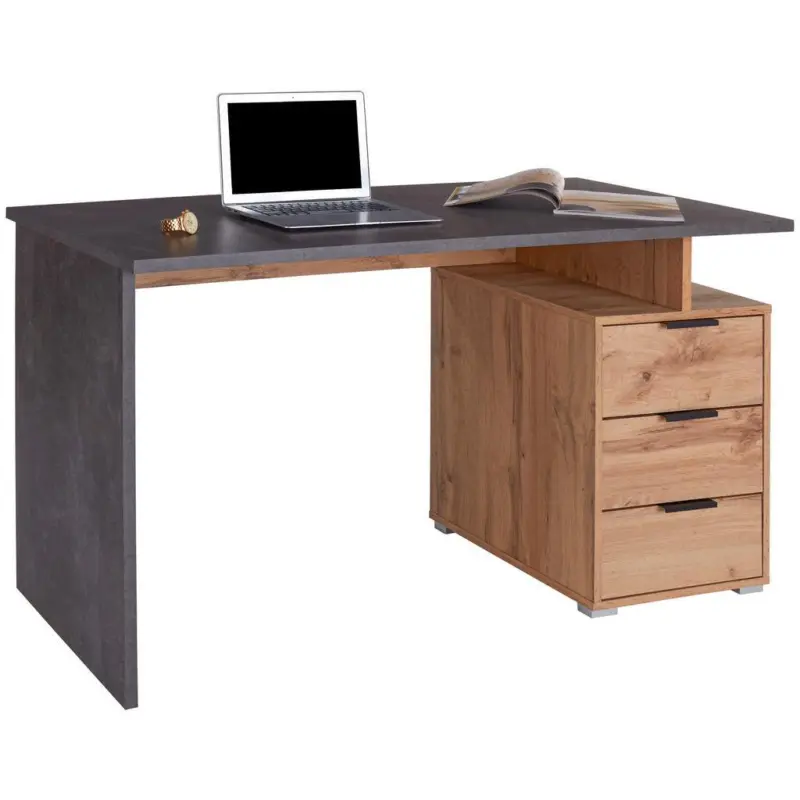Schreibtisch + Laden B 138cm H 76cm Mx 145 Beton/Eiche Dekor