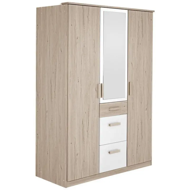 Drehtürenschrank Mit Spiegel + Laden 135cm Cariba, Eiche/weiß