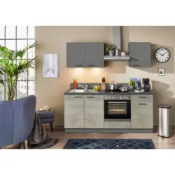 Küchenzeile Base mit Geräten 200 cm Stahl-/Nussfarben