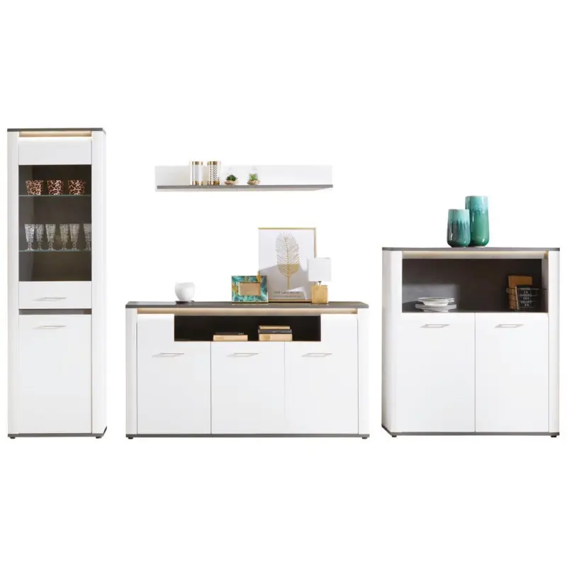 Wohnkombination Modern 4 -Teilig. mit Led Alassio 4, Wei&szlig;/Matera