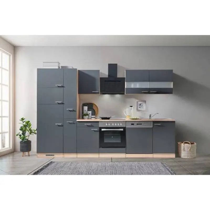 K&uuml;chenzeile Economy mit Ger&auml;ten 310 cm Grau/Eiche Dekor Modern