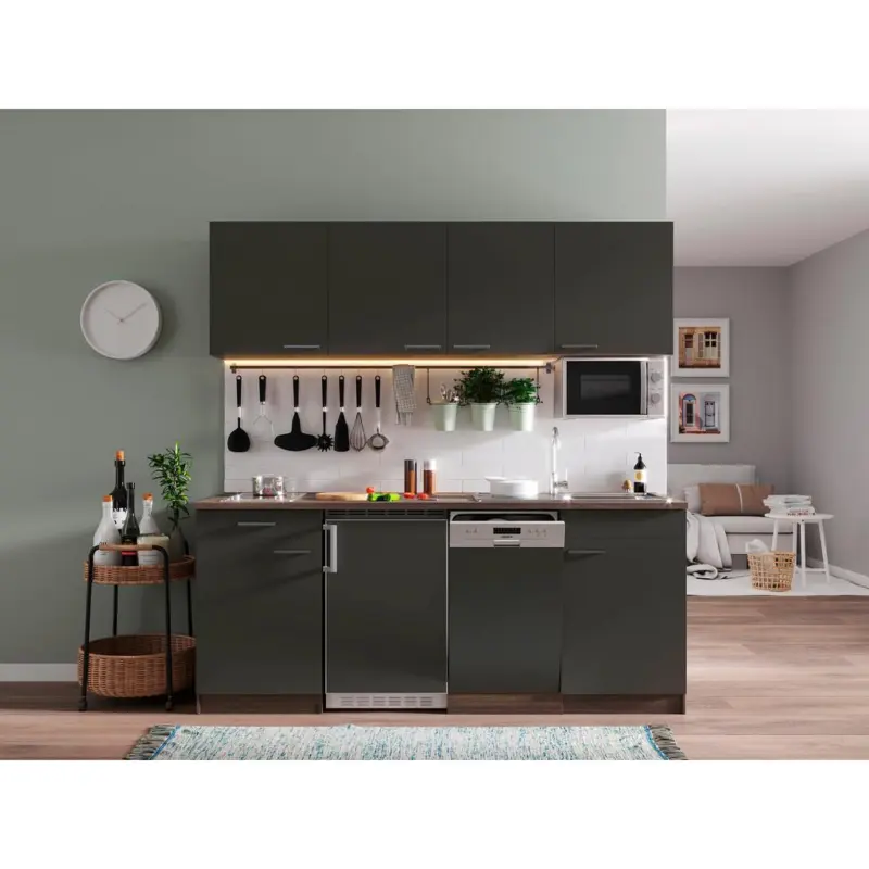 Küchenzeile Economy Mit Geräten 195 Cm Grau/eiche Dekor Modern
