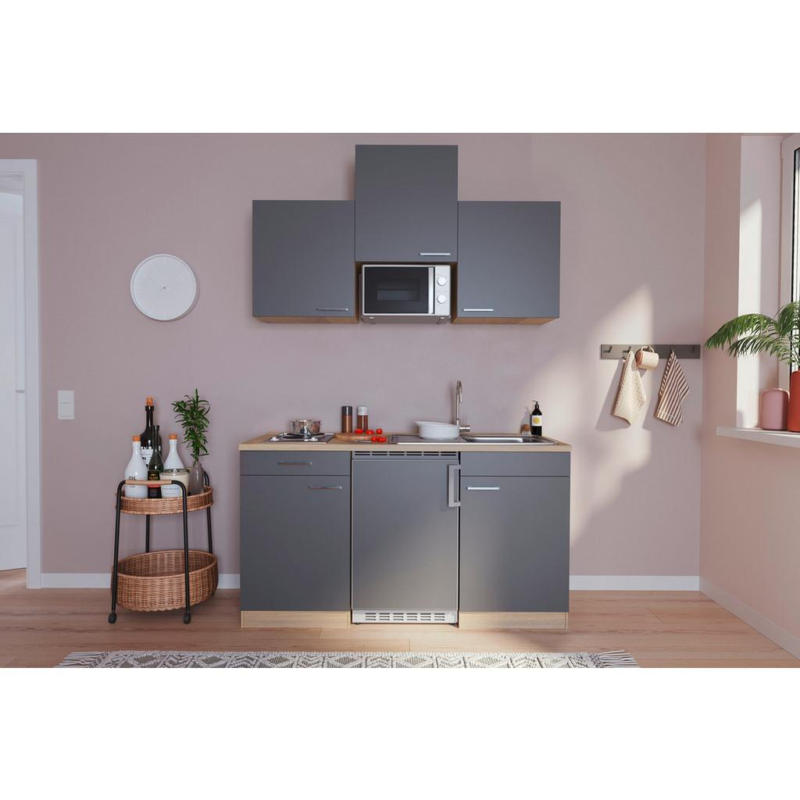 Miniküche mit Mikrowelle + Kühlschrank 150 cm Grau/Eiche