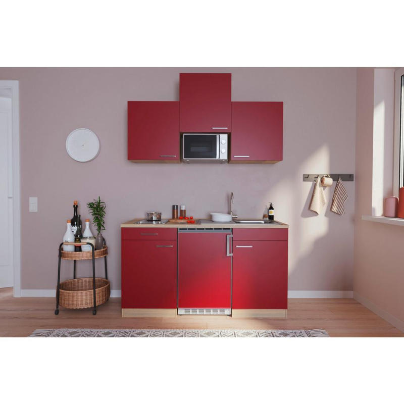 Miniküche mit Mikrowelle + Kühlschrank 150 cm Rot/Eiche