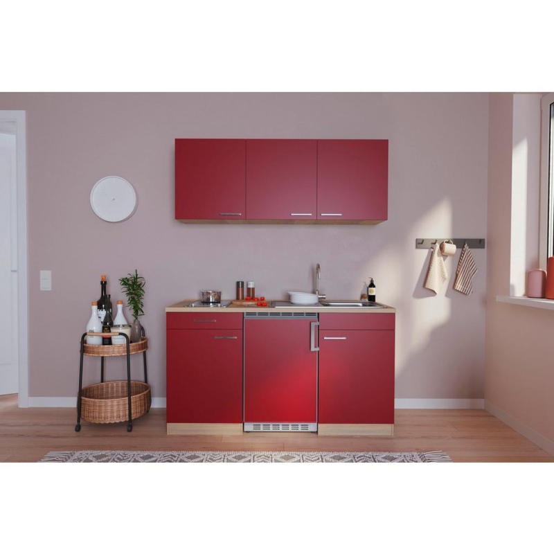 Miniküche mit Kühlschrank + Kochfeld 150cm Rot/Eiche Dekor