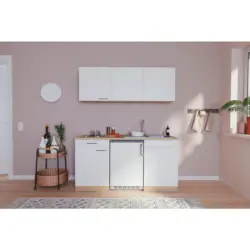 Miniküche mit Kühlschrank + Kochfeld 150 cm Weiß /Eiche