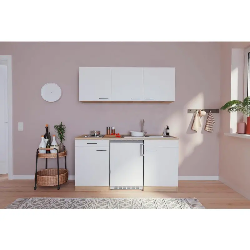Miniküche mit Kühlschrank + Kochfeld 150 cm Weiß /Eiche