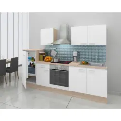 K&uuml;chenzeile Economy mit Ger&auml;ten 270 cm Wei&szlig;/Eiche Dekor Modern