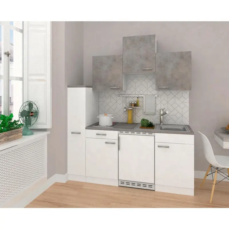 Küchenzeile Economy mit Geräten 180 cm Weiß/Beton Dekor Modern