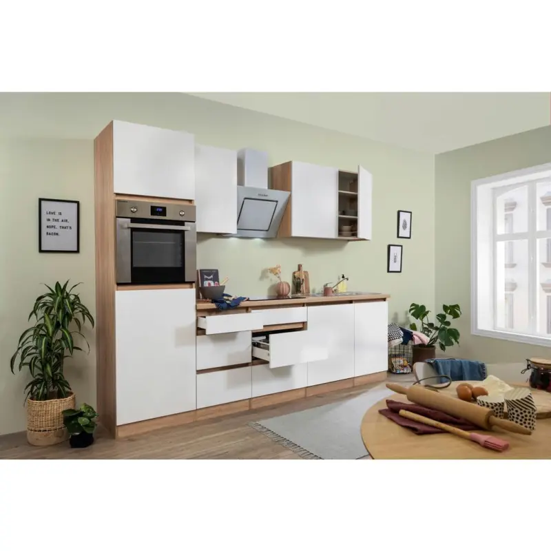 Küchenzeile Premium mit Geräten 280 cm Weiß/Eiche Dekor Modern