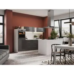 K&uuml;chenzeile Premium mit Ger&auml;te 280 cm Grau/Wei&szlig; + Kochinsel