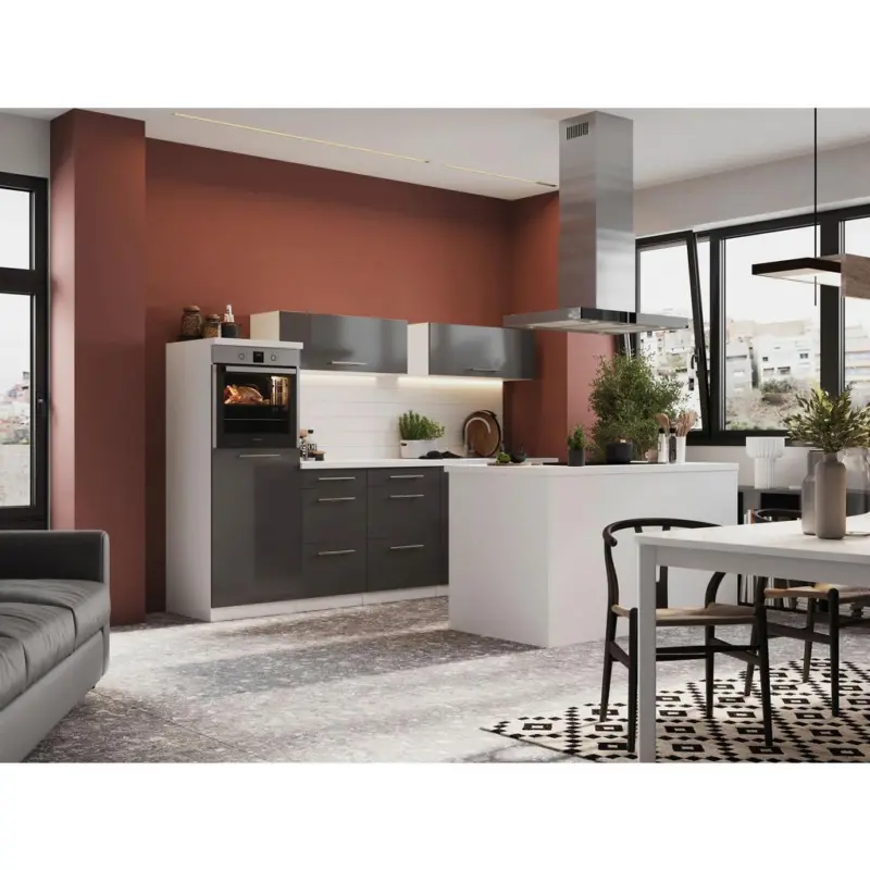 K&uuml;chenzeile Premium mit Ger&auml;te 280 cm Grau/Wei&szlig; + Kochinsel