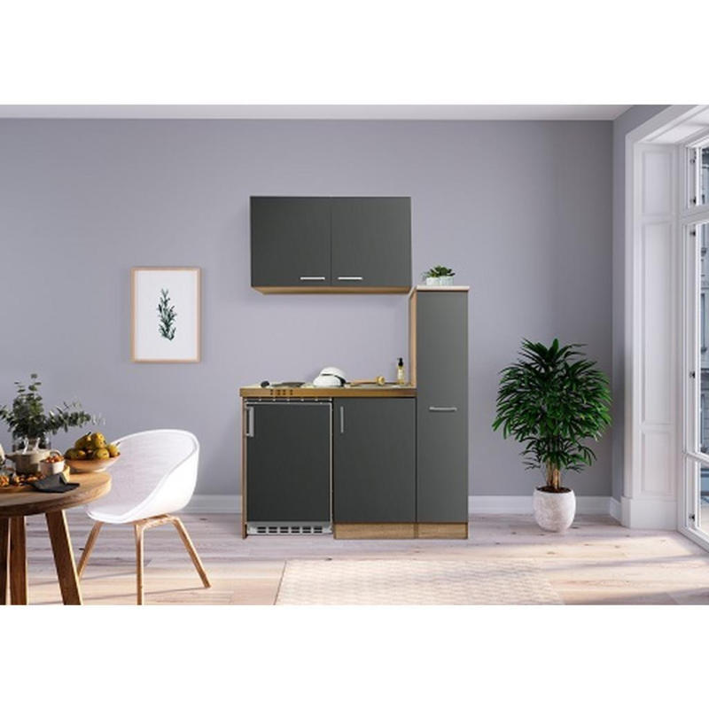 Miniküche mit Kühlschrank + Kochfeld 130 cm Grau/Eiche