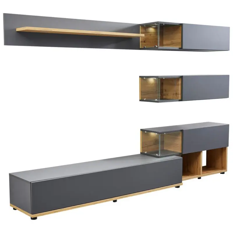 Wohnwand Modern 3 -teilig. Silk Wotaneiche Dekor/anthrazit