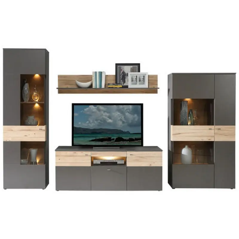 Wohnwand Modern 4 Tgl. Mit Led Como, Grau/ Eiche Dekor