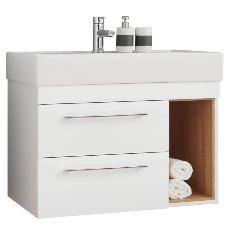 Waschbeckenunterschrank Mura B: 80 Cm Weiß/eiche Dekor