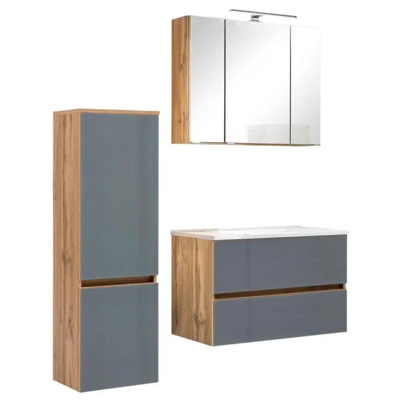 Badmöbel-Set 4-Tlg. inkl. LED Helsinki, Grau/Eiche
